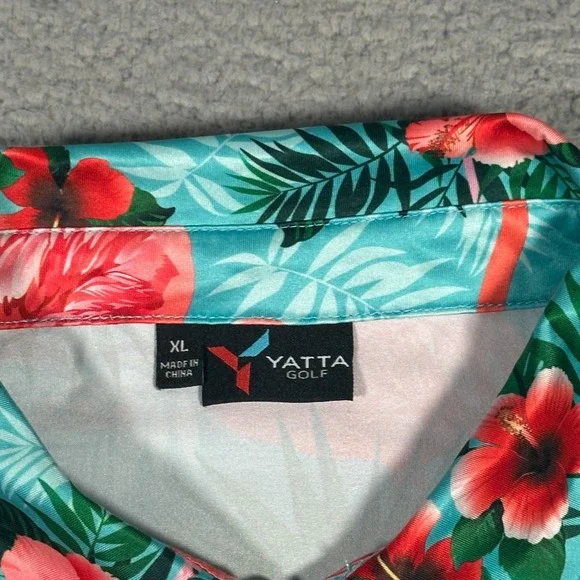 Yatta Golf Polo Shirt Mens XL Blue Green Flamingo Performance Tropical Hawaiian - Picture 2 of 8